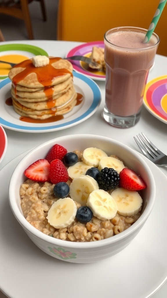 Delicious Breakfast Ideas for 6th Graders A colorful breakfast spread with oatmeal, pancakes, and a smoothie.
